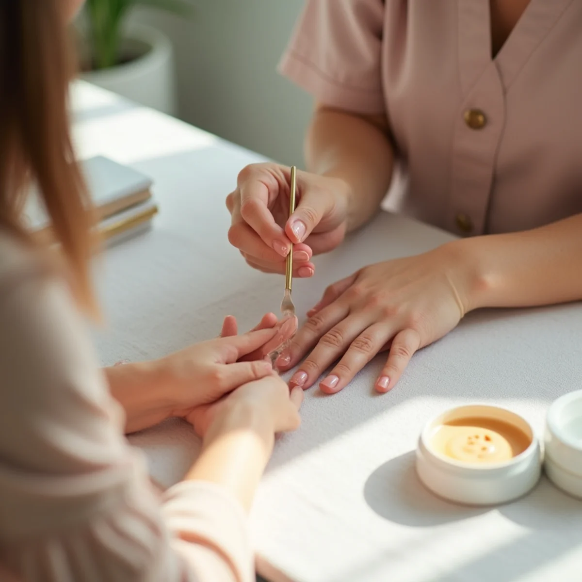 Illustrative image: Natural nail care routine with file cuticle oil and gloves